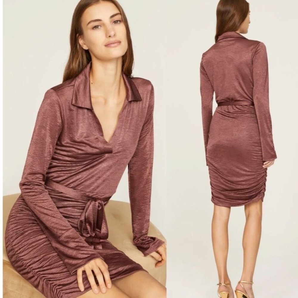Louna Revolve Satin Mauve Brown Jersey Shirt Ruched Collared Mini Dress Small